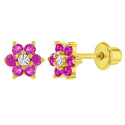 In Season Jewelry 18k Gold Plated Fuchsia Clear Crystal Flower Screw Back Toddler Kids Earrings