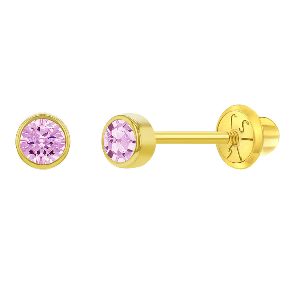 In Season Jewelry 14k Yellow Gold Tiny 3mm Bezel Pink CZ Baby Screw Back Earrings Infants Toddler Girls