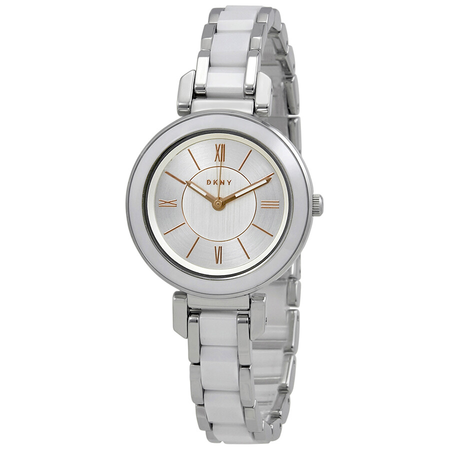 Dkny Ellington Silver Dial Stainless Steel Andwhite Ceramic Ladies Watch Ny2588