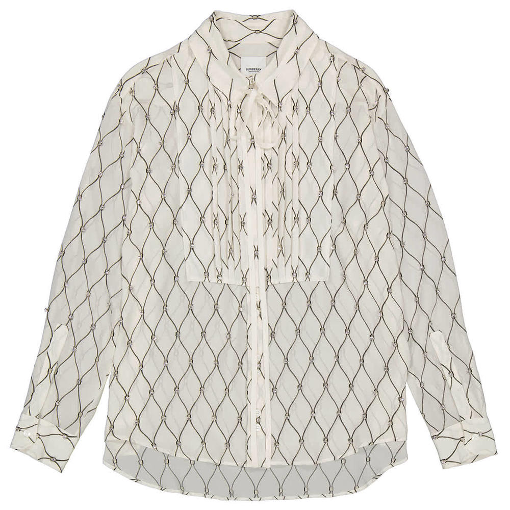 Burberry Net Print Crystal Detail Tie-neck Silk Shirt