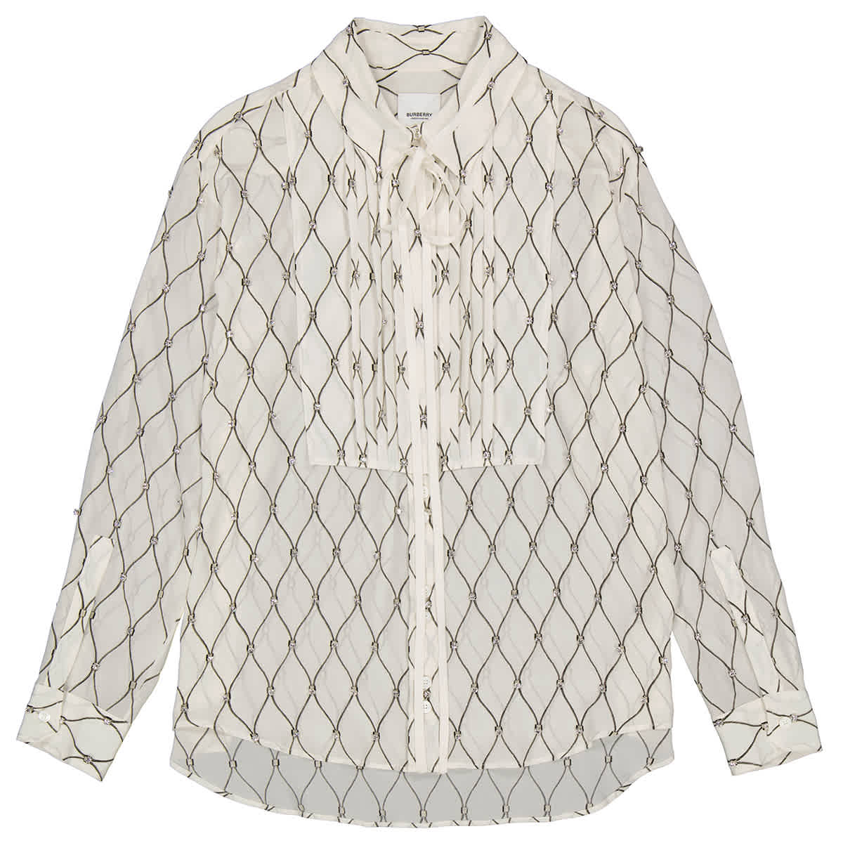Burberry Net Print Crystal Detail Tie-neck Silk Shirt