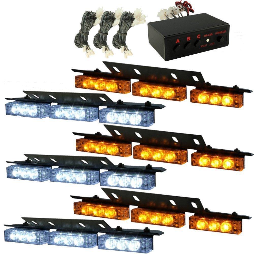 HQRP Amber / White 6 Panels 54 LEDs 12v DC Deck Dash Grille Emergency Hazard Warning Strobe Led Flash Light for Maximum Visibility