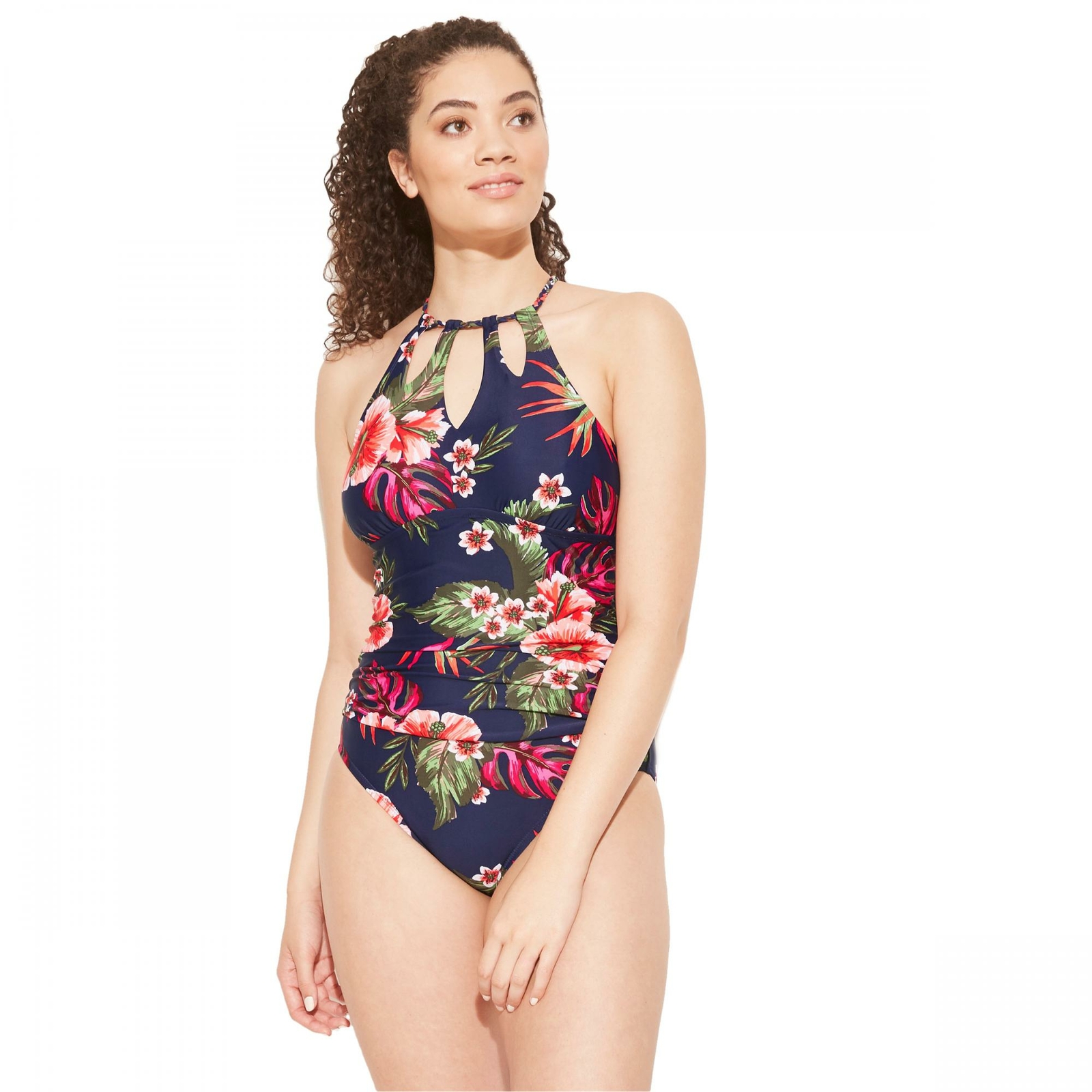 Women's Tie-front Ruched Full Coverage One Piece Swimsuit - Kona