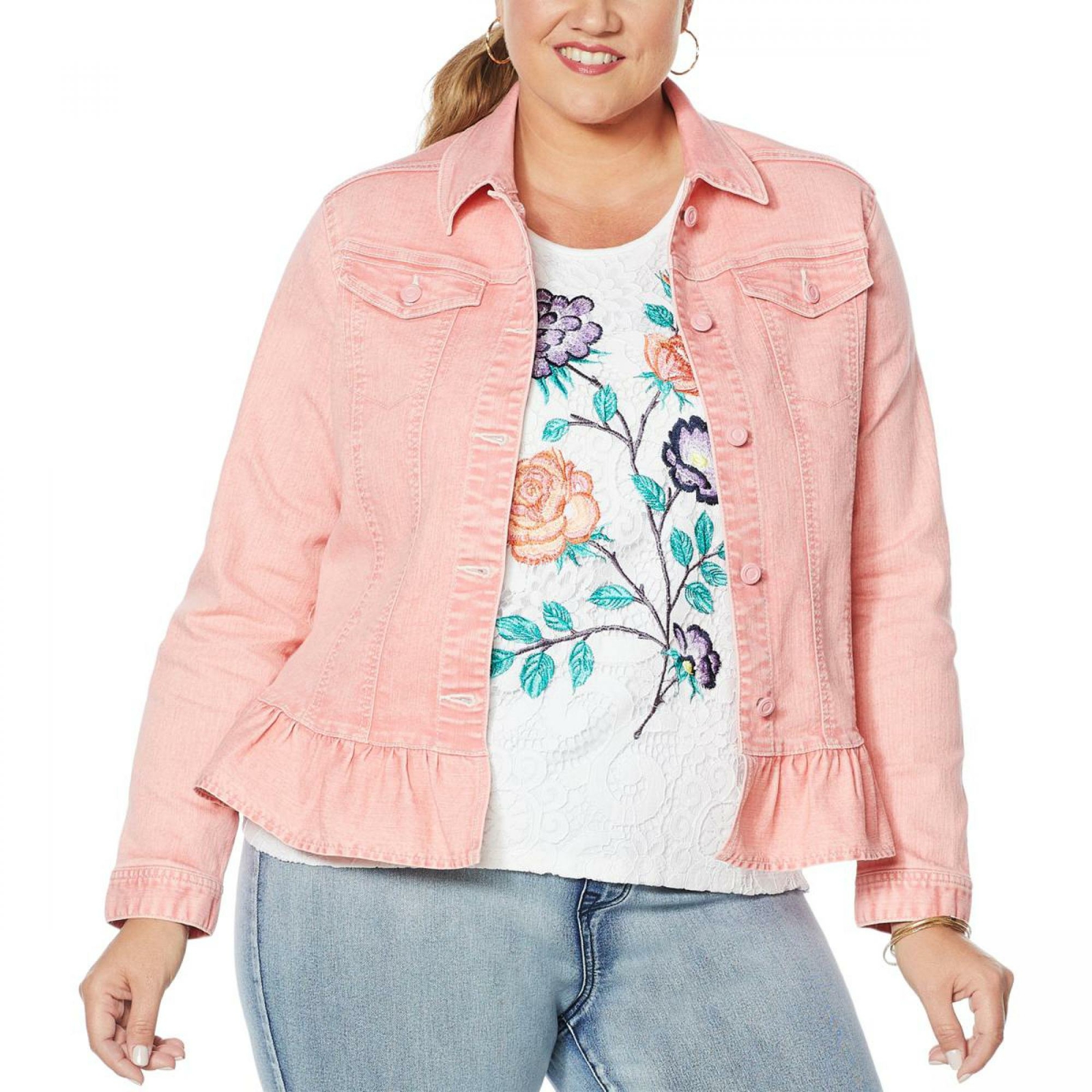 Denim jacket with ruffle sales hem