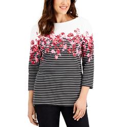Karen Scott Petite 3/4 Sleeve Floral Print Striped Knit Top