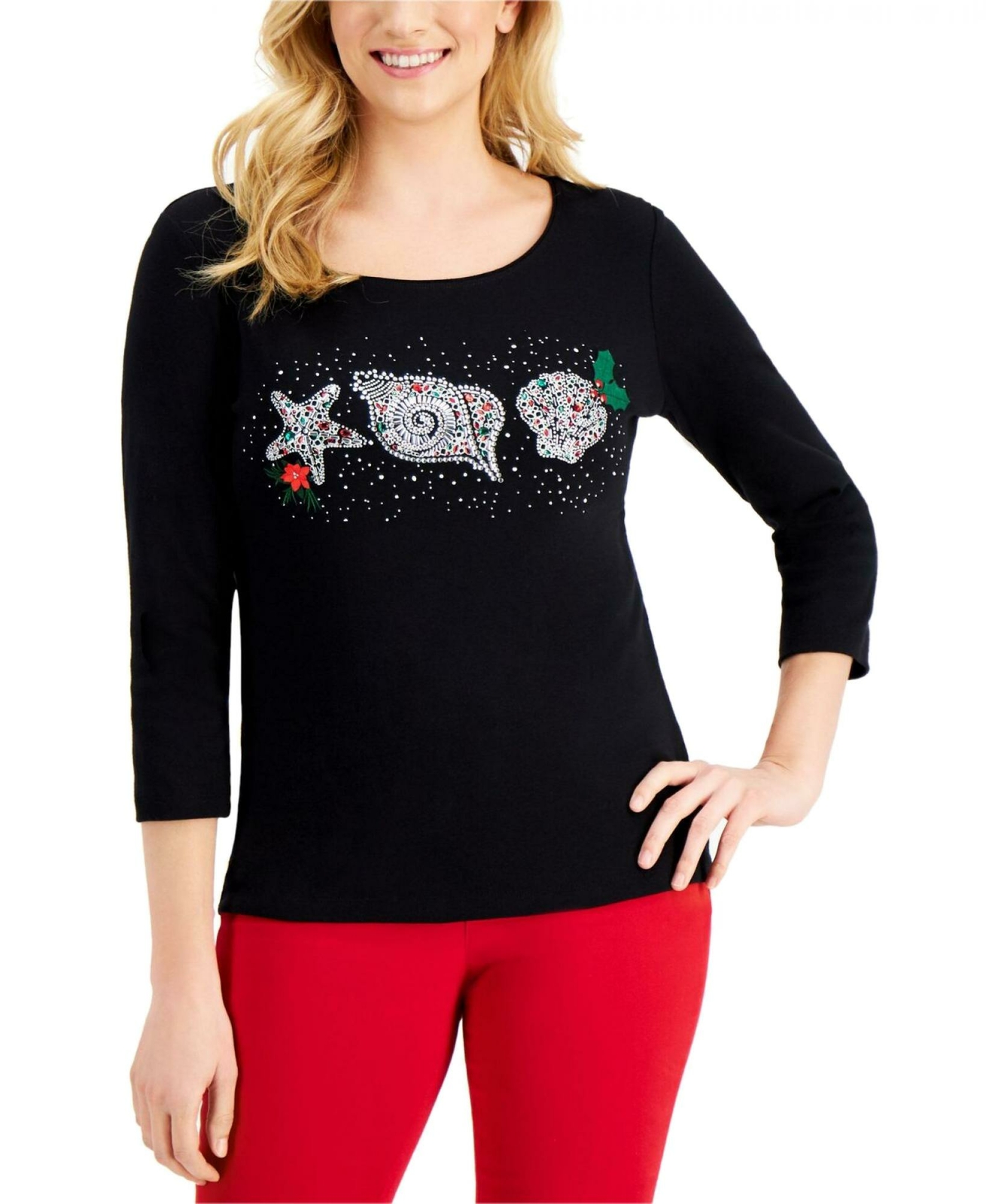 KAREN SCOTT Karen Scott Women's 3/4 Sleeve Christmas Sparkle Knit Top