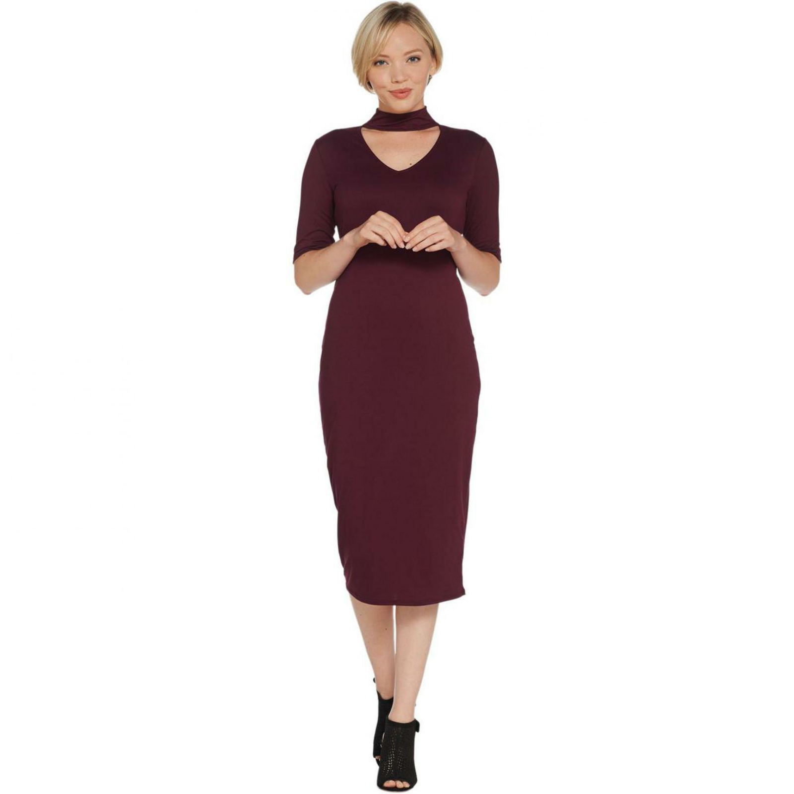 how to hem a knitted dress Women Solid Grey Scoop Neck Acrylic Thigh-High Slit Straight Hem Knitted  Midi Sweater Dress