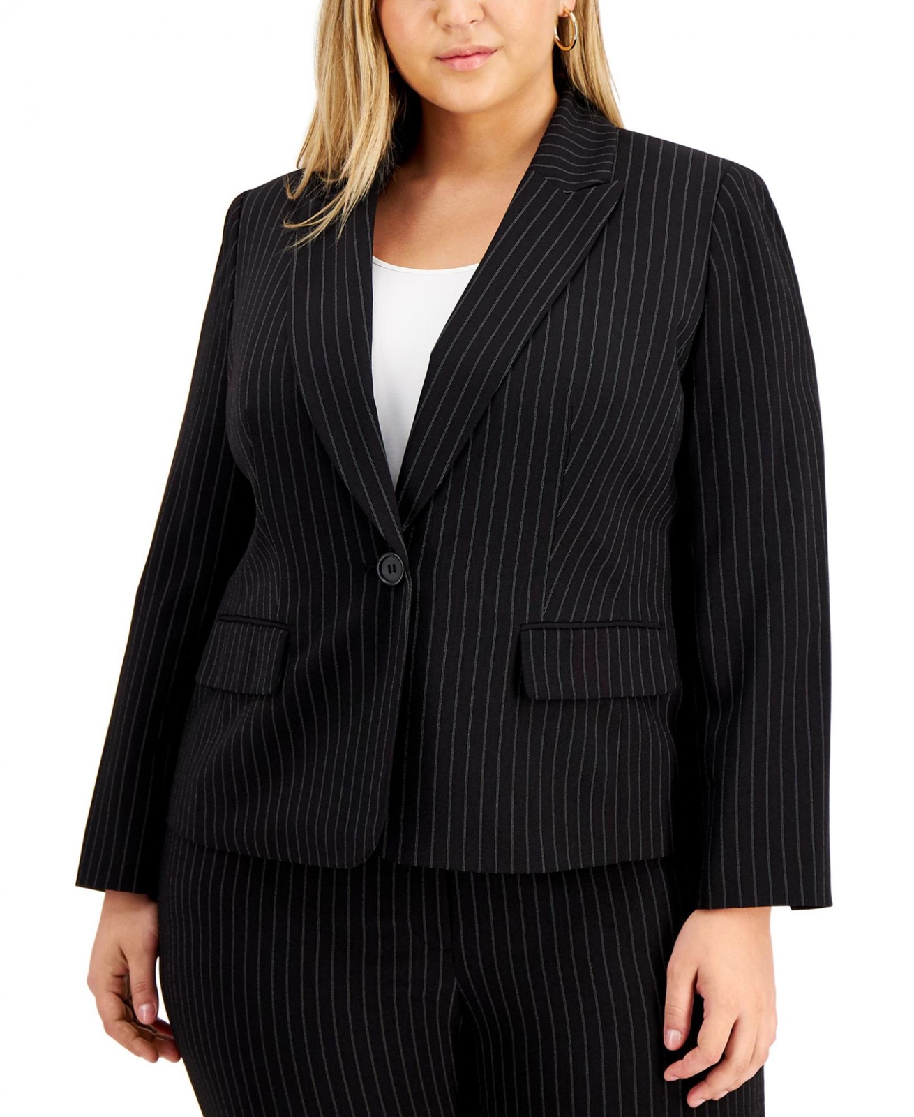 Le Suit Plus Size Pinstriped 1 Button Suit Jacket 50040221 Black