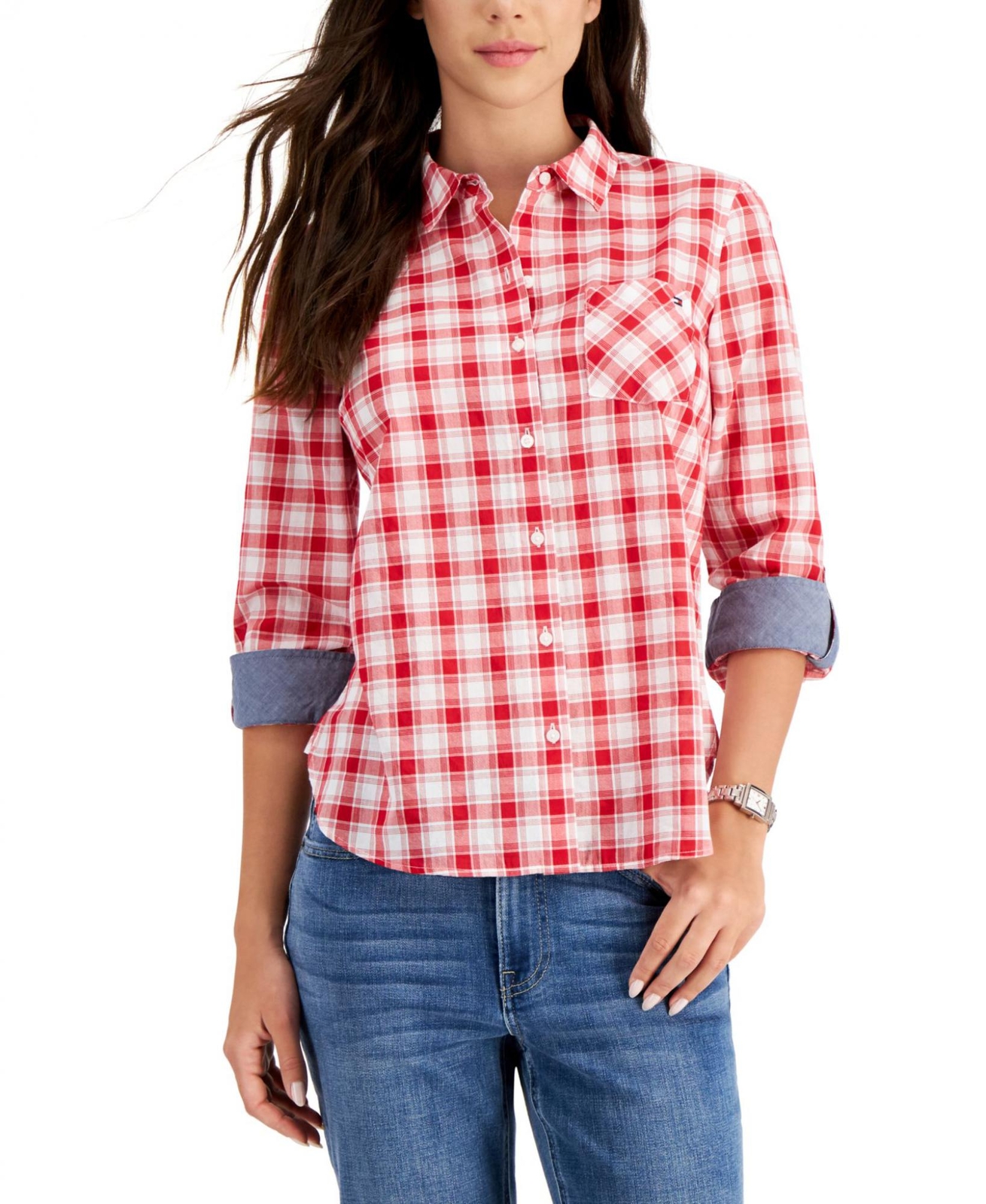 Tommy Hilfiger Classic Fit Women's Roll-Tab-Sleeve Button-Down Shirt Size  Large