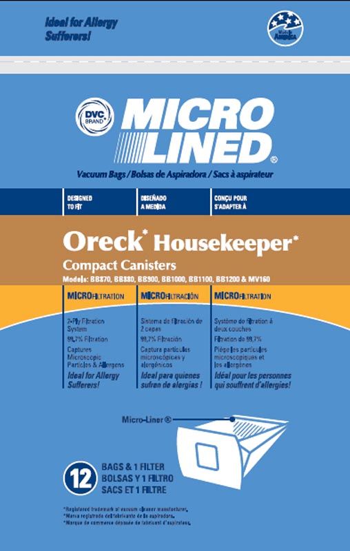 Oreck PKBB12DW Housekeeper, Buster B Compact Canister Vacuum Cleaner Bags, 12 Bags  1 Filter. MADE IN THE USA!