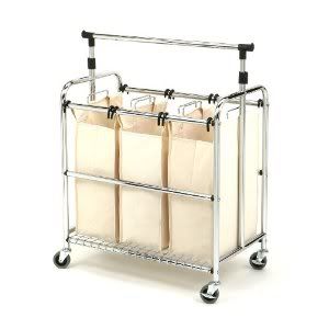 Seville Classics SHE16165 3-Bag Laundry Sorter Cart With Hanging Bar