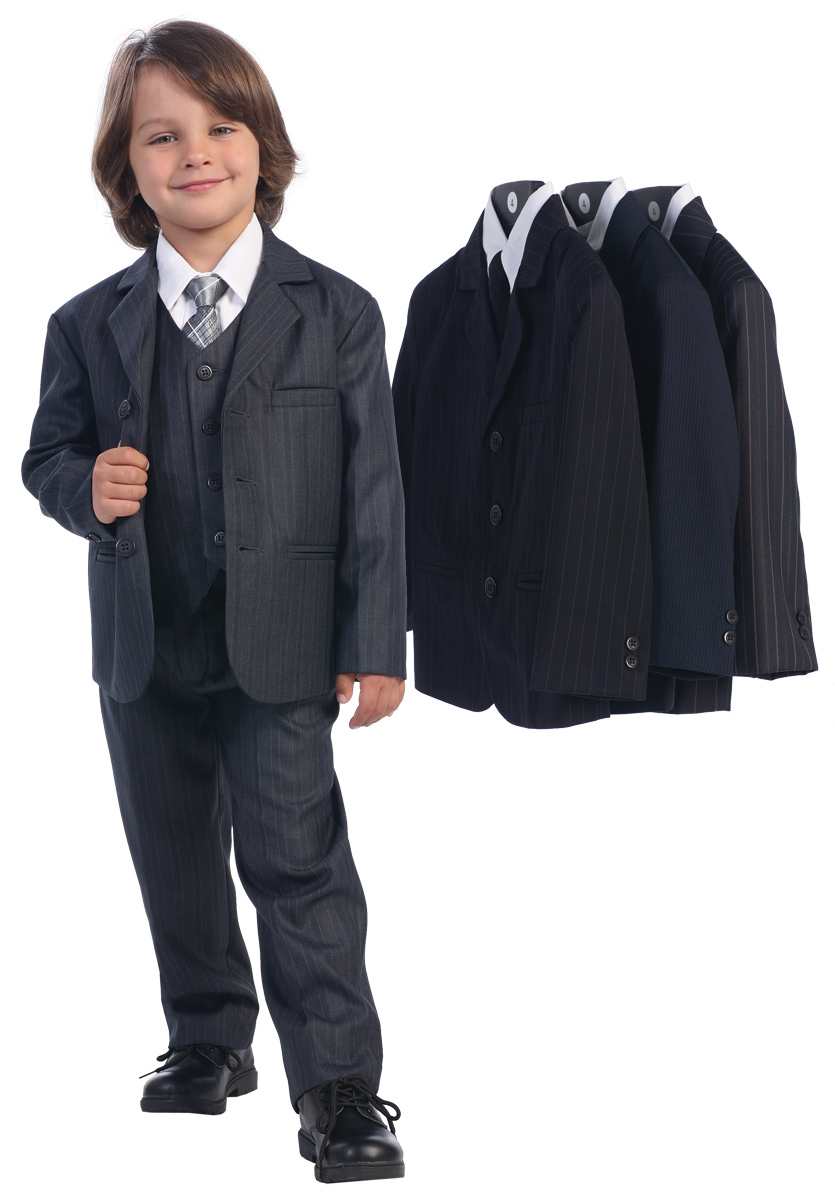 Avery Hill 5 Piece Dark Gray with White Pin-Striped Suit with Shirt, Vest, and Tie