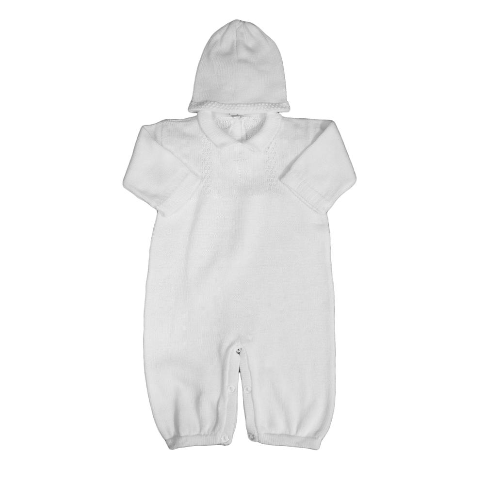 Avery Hill Boy's White Cotton Knit Christening Baptism Longall with Blue or White Cross and Hat