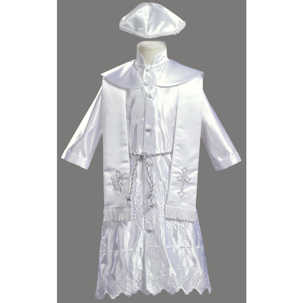 Christening Day White Embroidered Satin Christening Baptism Robe with Shawl and Cap