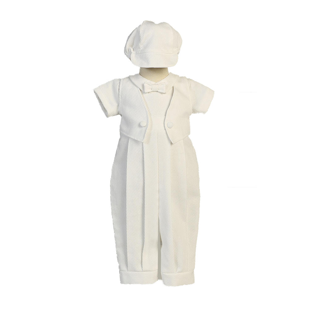 Christening Day Poly Cotton Long Romper with Sewn-on Vest Baby Boy Christening Baptism Special Occasion Newborn Romper Outfit with Matching Hat