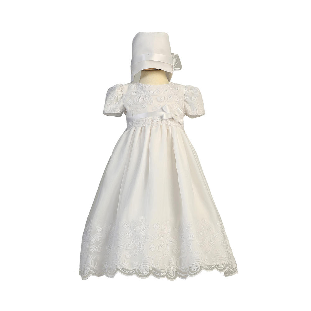 Christening Day Long White Classy Embroidered Organza Baby Girl Christening Baptism Special Occasion Newborn Dress Gown with Matching Hat