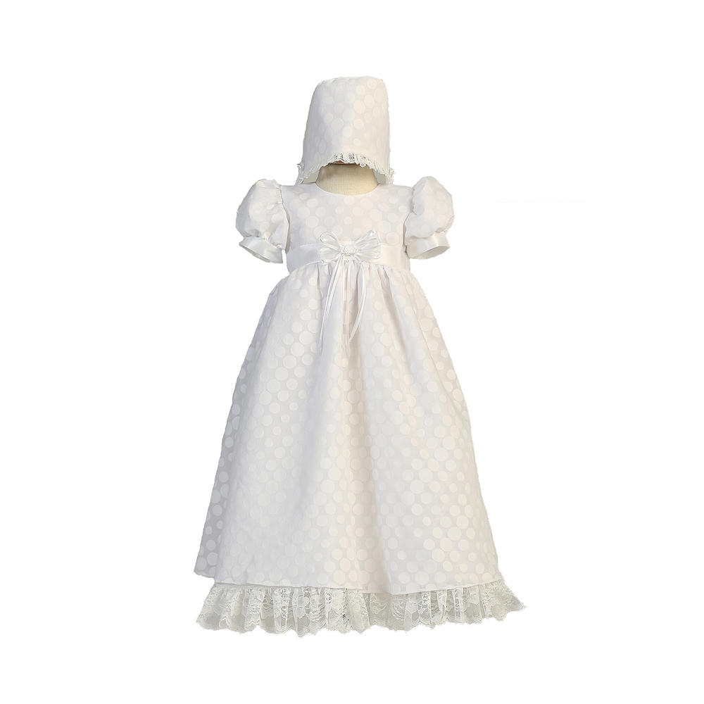Christening Day Long White Poly Cotton Polka-dot Burnout Baby Girl Christening Baptism Special Occasion Newborn Dress Gown with Matching Hat