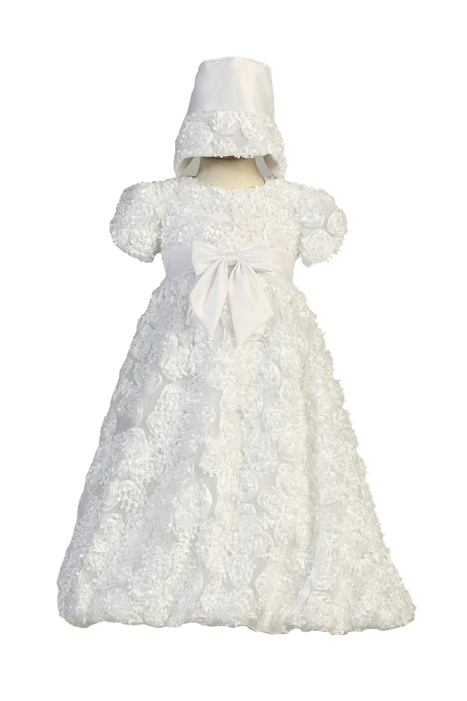 Christening Day Long White Ribbon Clusters on Tulle Baby Girl Christening Baptism Special Occasion Dress Gown with Matching Hat
