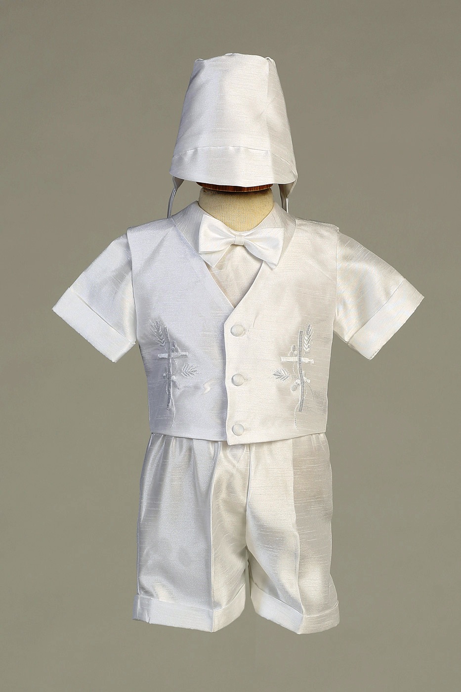 Christening Day White Embroidered Shantung Chistening Baptism Vest and Short Set with Bowtie and Hat