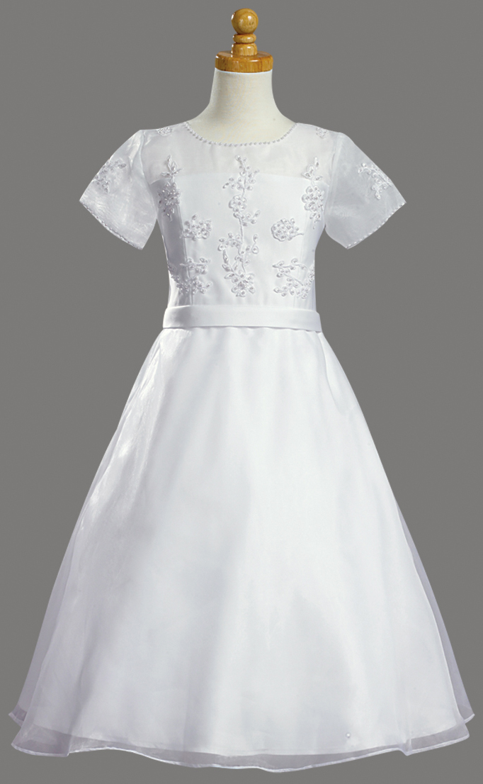 Swea Pea & Lilli White Communion Baptism Dress with Sheer Neckline and Organza Skirt