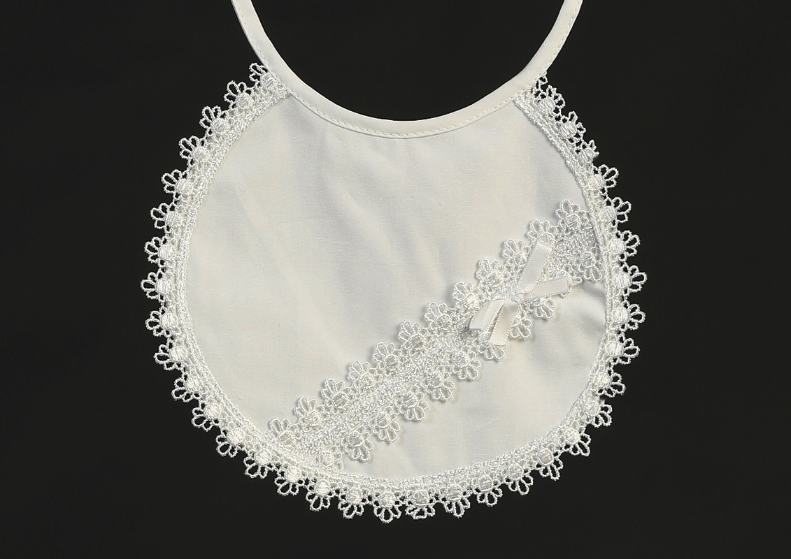 Christening Day Round Lace Trim Cotton Bib with Diagonal matching Lace with small Bow