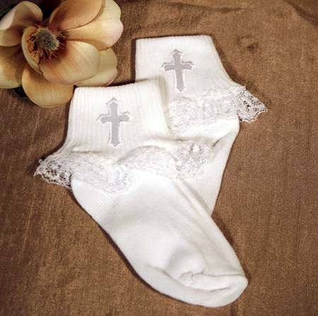 Little Things Mean a Lot NYLON SOCK WITH EMBRIODERED CROSS APPLIQUE AND LACE TRIM