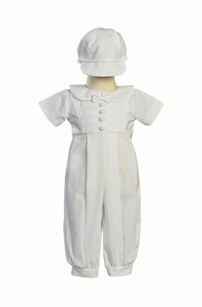 Christening Day White Poly Cotton Christening Baptism Romper Set with Pleated Bodice and Hat
