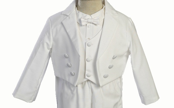 Christening Day Boy's Infant White Cotton Tuxedo with Pique Vest
