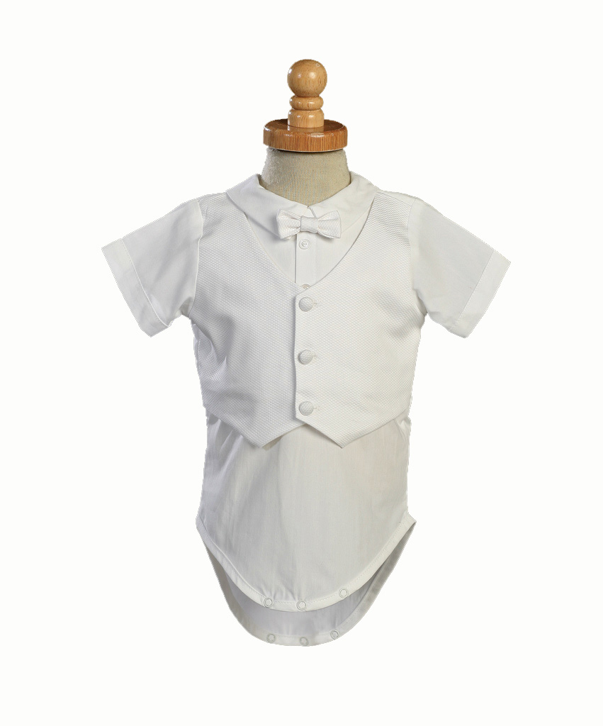Christening Day Boy's Infant White Cotton Tuxedo with Pique Vest