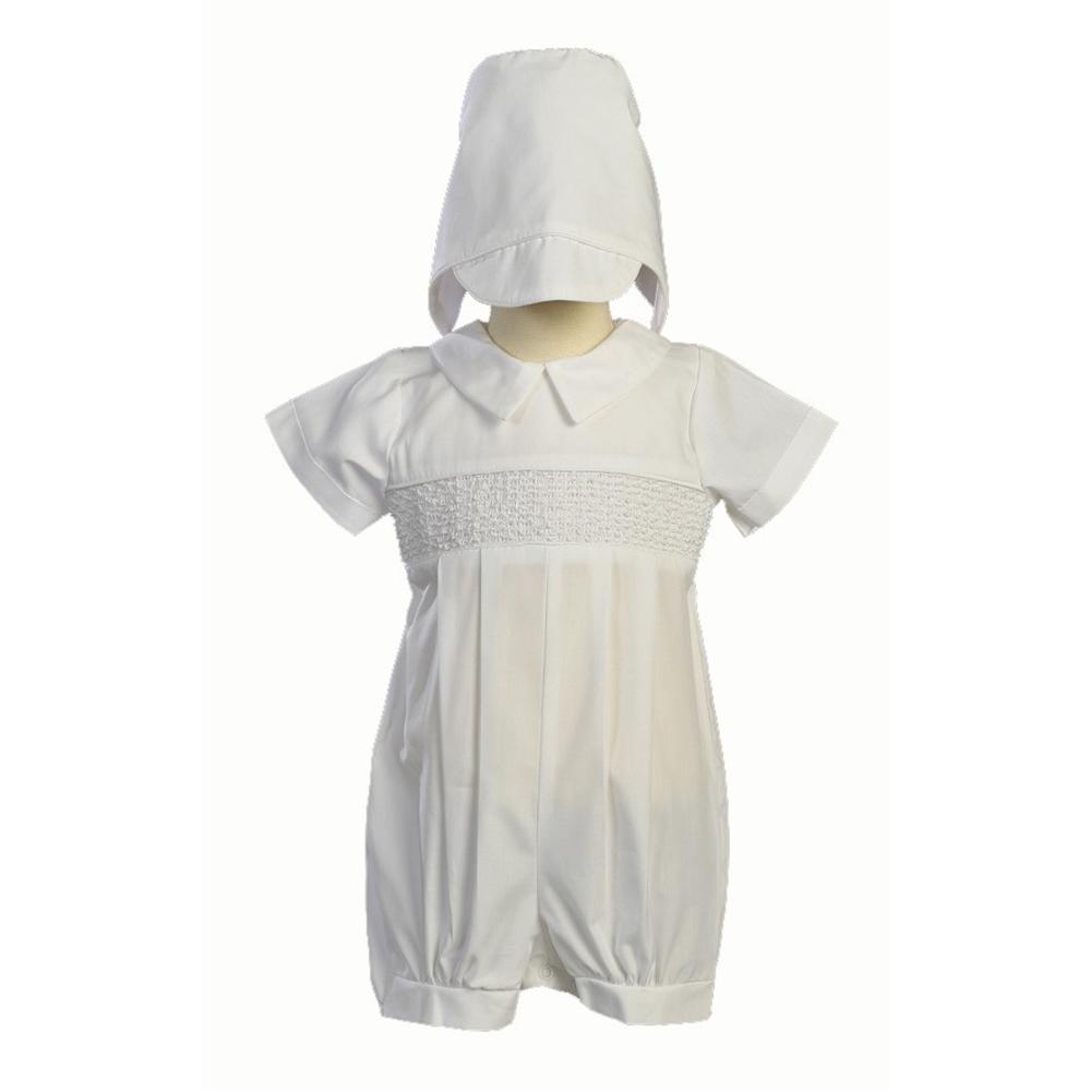 Christening Day Boy's Smocked Cotton Christening Baptism Romper with Hat