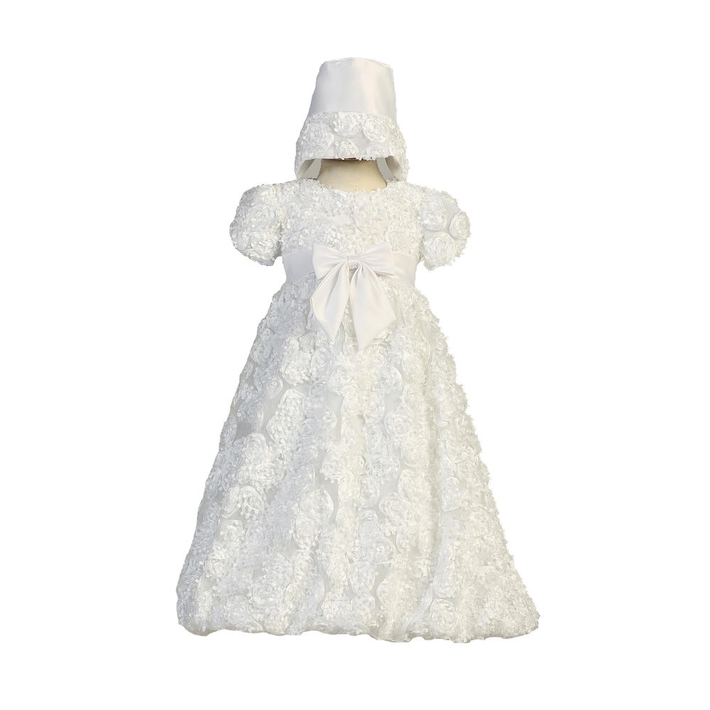 Christening Day Long White Ribbon Clusters on Tulle Baby Girl Christening Baptism Special Occasion Dress Gown with Matching Hat