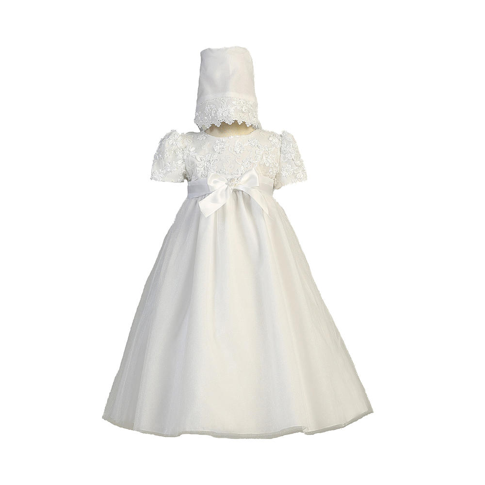 Christening Day Long White Embroidered Satin Ribbon Tulle Bodice with Tulle Skirt Girl Christening Special Occasion Dress with Matching Hat