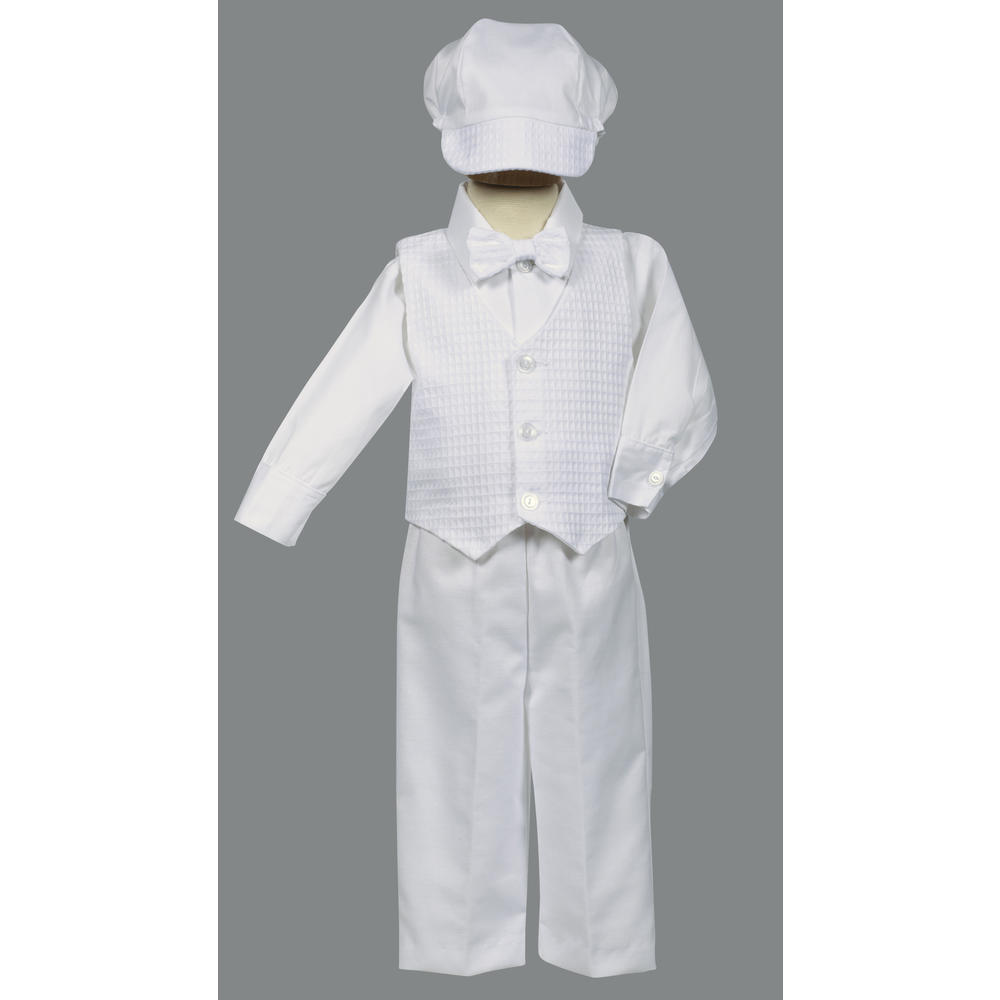 Christening Day White Poly-Cotton Weaved Vest, Bow and Pant Set