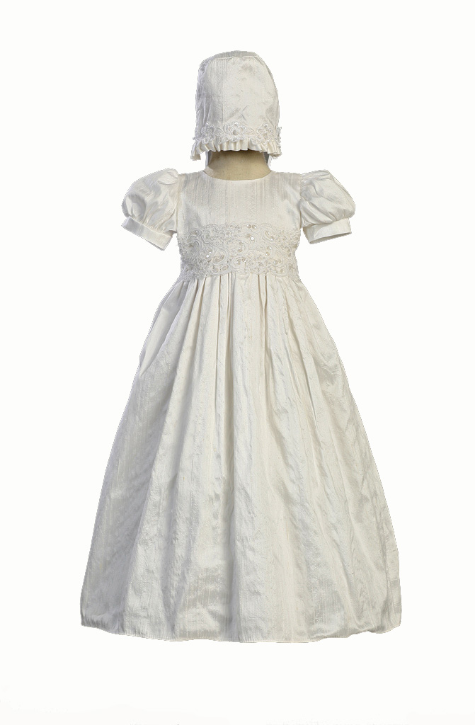 Christening Day White Silk Christening Baptism Gown with Laced Bodice and Matching Hat