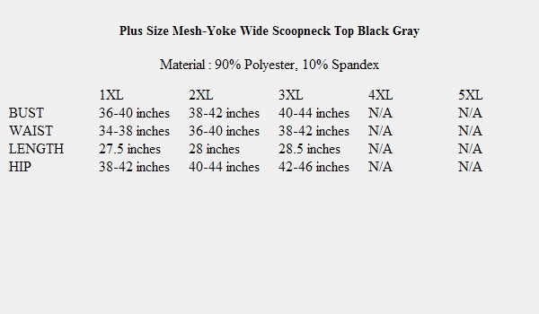 eVogues Apparel Plus Size Mesh-Yoke Wide Scoop Neck Top Black Gray