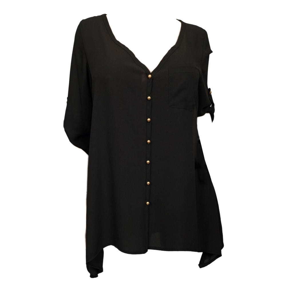 eVogues Apparel Plus Size V-Neck Roll-Tab Sleeve Shirt Black