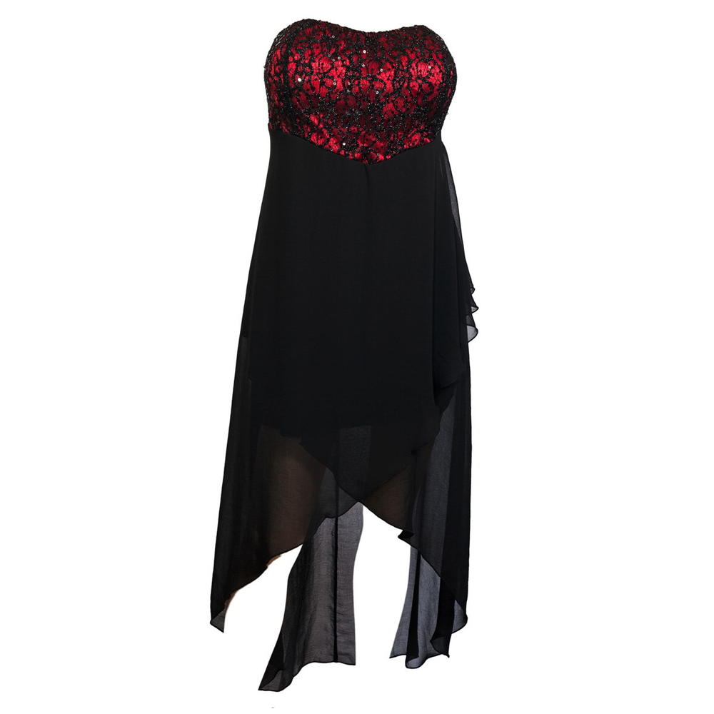 eVogues Apparel Plus size Sequined Bodice High-Low Chiffon Dress Red Black