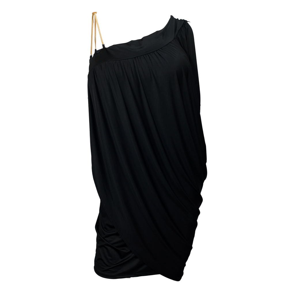 eVogues Apparel Plus Size Gold Chain Strap One Shoulder Draped Goddess Dress Black