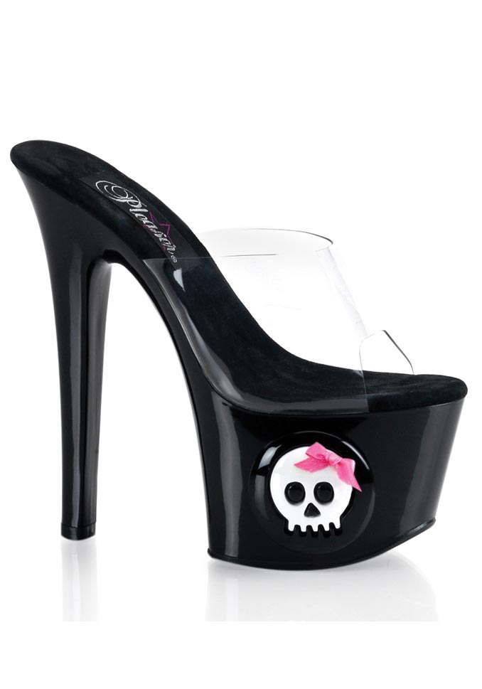Pleaser Women's 6 3/4 Inch Stiletto Heel Platform Slide With Skull Omamentatio - Clear/Black
