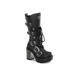 Demonia Women's 3 1/2 Inch Chromed ABS Heel, 1 1/2 Inch Moulded Pu Platform Calf Boot - Black Pu