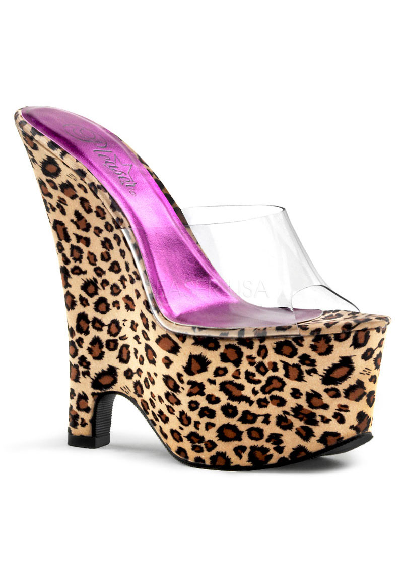 Pleaser Women's 6 1/2 Inch Heel  2 3/4 Inch Platform Wedge Slide - Black/Tan Leopard