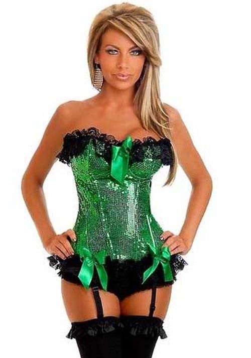Daisy Sequin Burlesque Underwire Corset With Removable Straps (Green;2X)