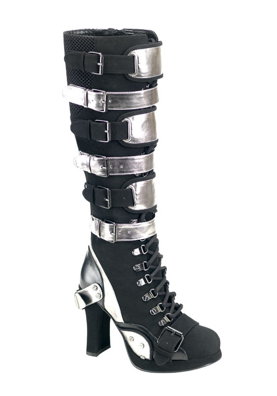 Demonia Women's 4 Inchheel Platform 8 Buckle Lace Knee Boot - Black/Nubuck Pu