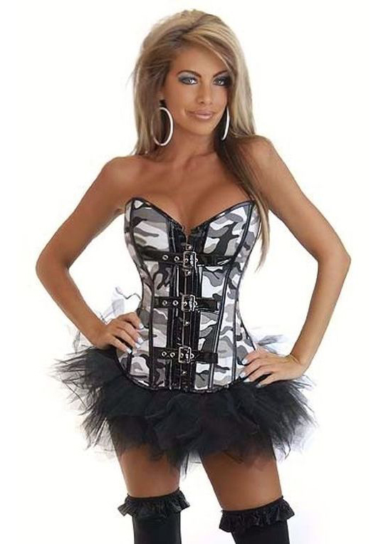 Daisy Strapless Camouflage Buckle Corset And Pettiskirt (Black/White Camouflage;2X)