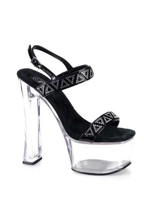 CLEARANCE Women's 6 1/2 Inch Block Heel With 2 1/4 Inch Platform Sandal - Black/Rhinestone