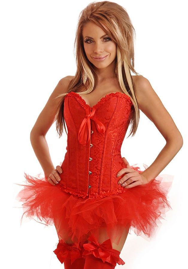 Daisy Embroidered Burlesque Corset And Pettiskirt - Red/Red