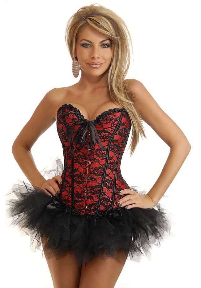 Daisy Lace Burlesque Corset And Pettiskirt - Red/Black