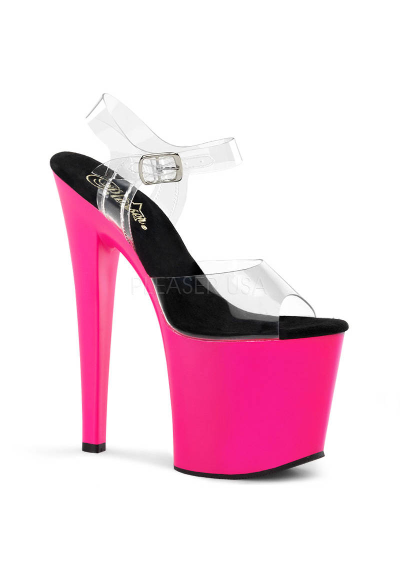 Pleaser Women's 7 1/2 Inch Heel, 3 1/2 Inch Platform Slide - Clear/Neon Pink