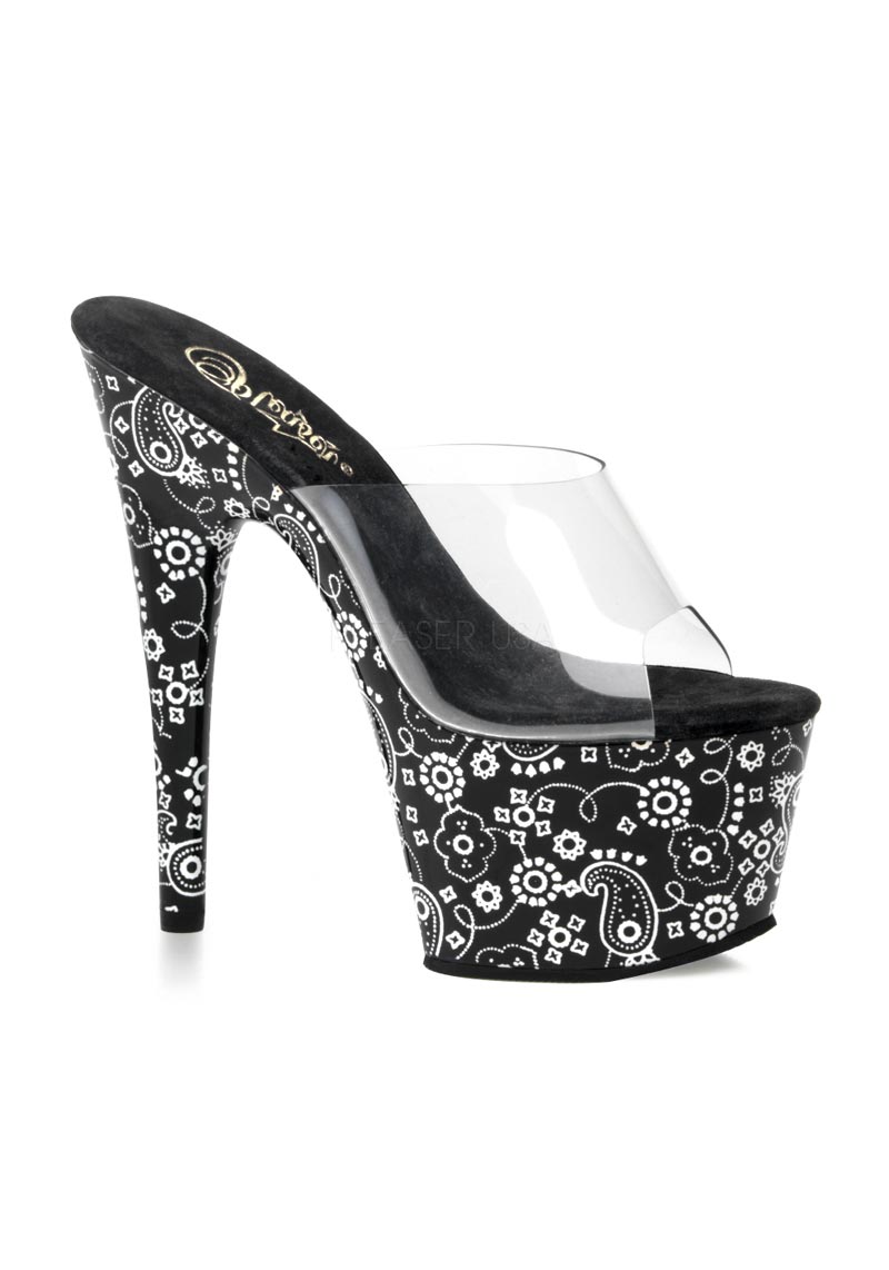 CLEARANCE Women's 7 Inch Stiletto Heel Bandana Print Platform Slide - Clear/Black/White