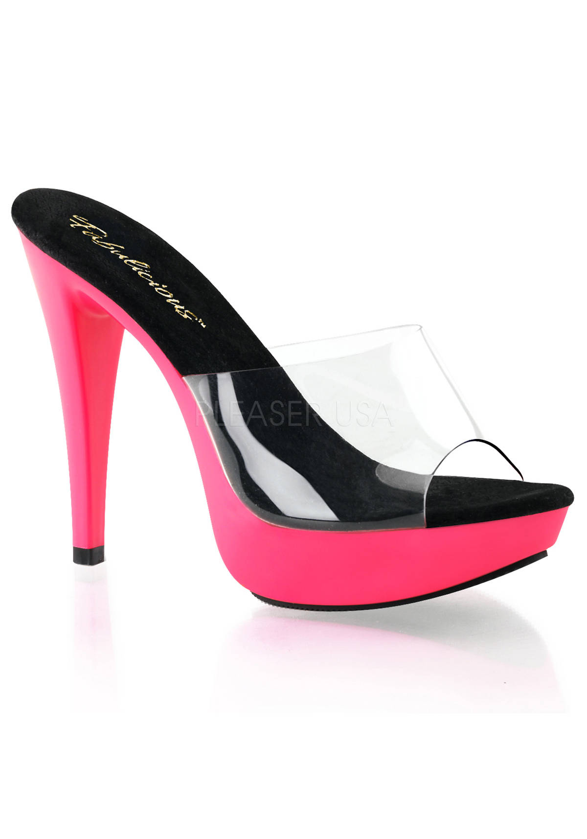 FABULICIOUS 5 Inch Heel, 1 Inch UV Reactive Platform Slide - Clear/Neon Pink